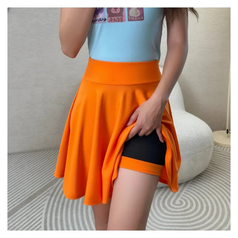 Women Flared Skirts Summer Basic Skirt Fashion Dancer Uniform Versatile Black Safety Pants Skirt Elastic Pleated Skirt Long 45CM