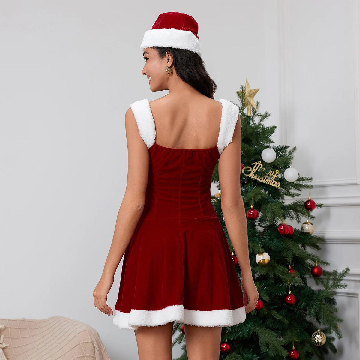Women's Christmas Santa Dress Fashion Claus Costume Belted Velvet Dresses Santa Hat Set Cosplay Outfits