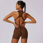 Solid Scrunch Back Waist Tight Yoga Jumpsuit Short Set Women Zipper Playsuit Gym Sportswear Fitness One Piece Sport Suit Workout