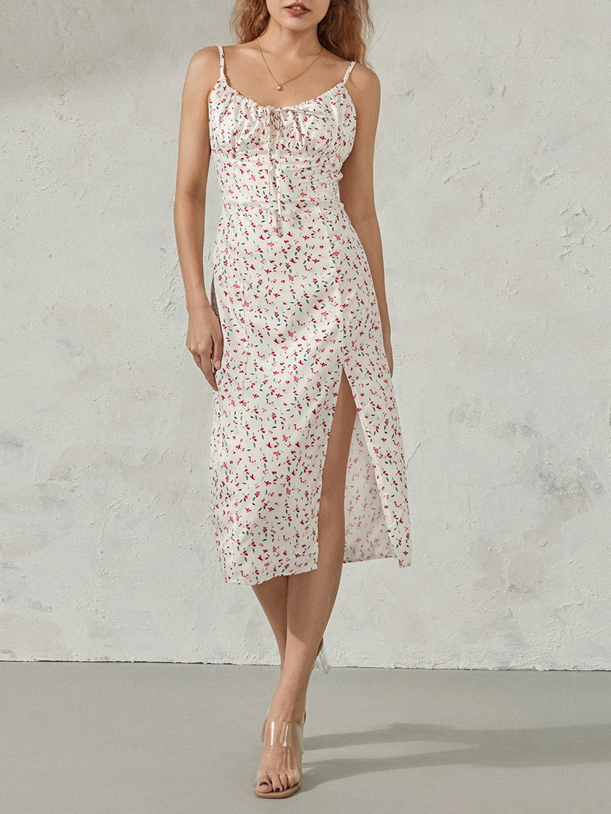 Women Summer Floral Print Party Club Midi Dress Sleeveless Spaghetti Strap Bustier Backless Thigh Slit Slim Dress