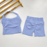 Yoga 2 Pieces Gym Set Women Backless Halter Tops High Waist Seamless Shorts Gym Suit Fitness Sports Bras Sportswear Workout Sets