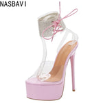Pink Luxury Rhinestone Lace Up 16cm Sexy Ultra-high Heels Fashion Elegant Open Toe Sandals Women Night Club Model Dance Shoes