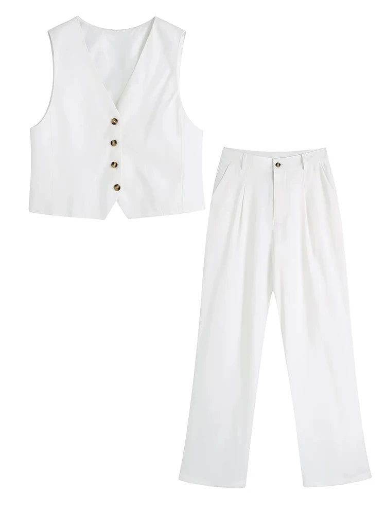 Foridol White Cotton Linen Long Pants Set Sleeveless Vest Pants Suit Office Lay Autumn Summer Wide Leg Casual Fashion Set Outfit