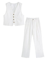 Foridol White Cotton Linen Long Pants Set Sleeveless Vest Pants Suit Office Lay Autumn Summer Wide Leg Casual Fashion Set Outfit