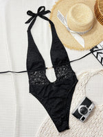 Sexy Black Lace Contrast One Piece Swimwear Women 2026 Pearls Deep V Neck Slim Tummy Control Swimsuit Holiday Bathing Suits