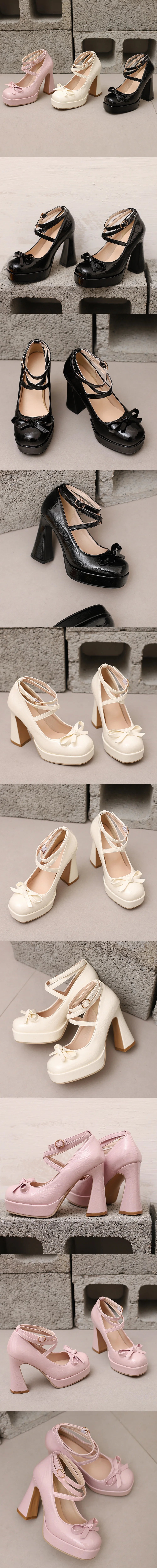 Big Size 45 Women's Sweet Pink Mary Jane 10.5cm High Heels Pumps Lolita Round Toe Bow Cross-Strap Platform Chunky Heel Shoes
