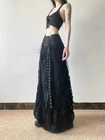 Y2K Lace Mesh Long Skirt Women Harajuku Vintage Patchwork Bandage Black Skirts Gothic Aesthetic High Waist Chic Long Skirts ODU6