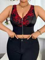 Plus Size Baddie Lingerie Set, Embroidered Zipper Front Deep V Wireless Push-up Bra
