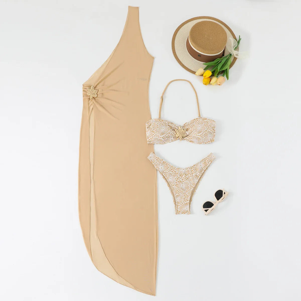 2026 Nude Three Piece Swimsuit Women Swimwear Sexy Bandeau Thong Bikini Sets Monokini Beach Bathing Suit Long Dress Vacation
