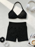 Sexy Black Polka Dot Print Seamless Yoga Sets Women Hanging Neck Pleate Sports Bra Tight High Waist Short Running Fitness Suits