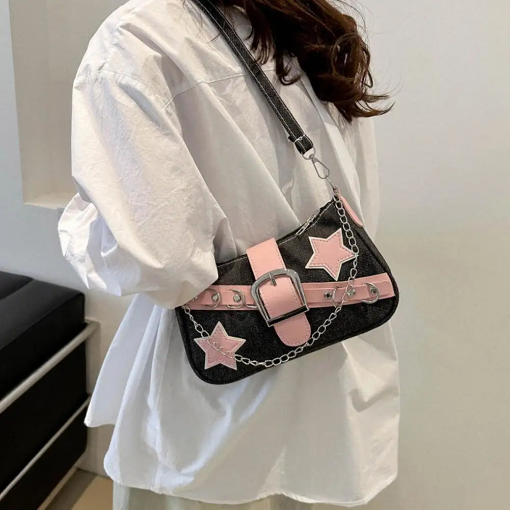 Fashion Women's Handbags Denim Stars Pattern Cool Girls Underarm Bag Female Small Shoulder Hobo Bags Chain Tote Bag