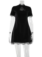 Ahagaga Sexy Women's Mini Dresses Patchwork Short Sleeves Lace Hollow Out Slim Fit Trend Baisc Turtleneck Streetwear Female Robe