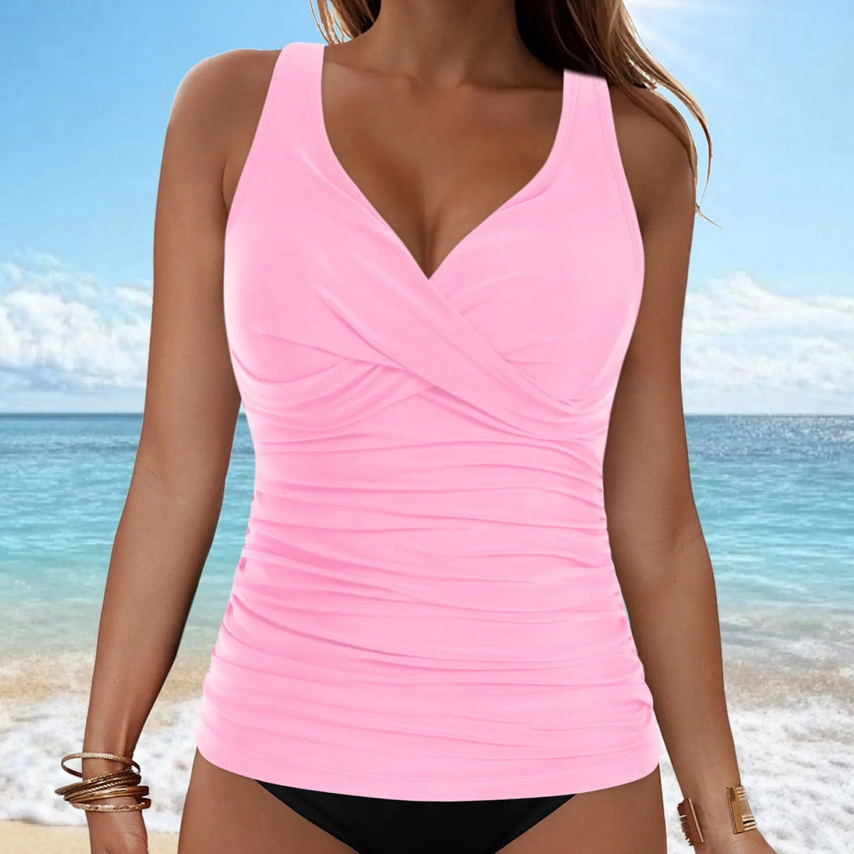 Women's Removable Padded Tankini Top V Neck Waist Defining Ruffled Separate Swimsuit Top Ruched Support Bathing Suit Swim Top