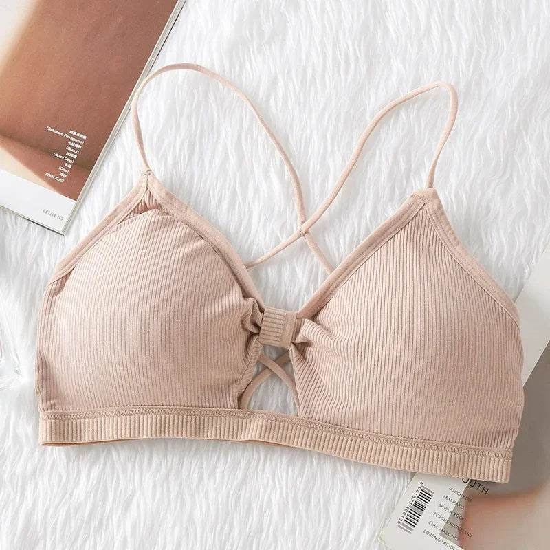 Front Hollow Out Ribbed Bralette Criss Cross Back Thin Straps Removable Chest Pads Wireless Bra Breathable Daily Underwear