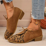 Large Size Leopard Print Single Shoes Women 2026 New Pointed Toe Lace Up Low Heel Shoes Woman Retro Faux Suede Pumps Ladies