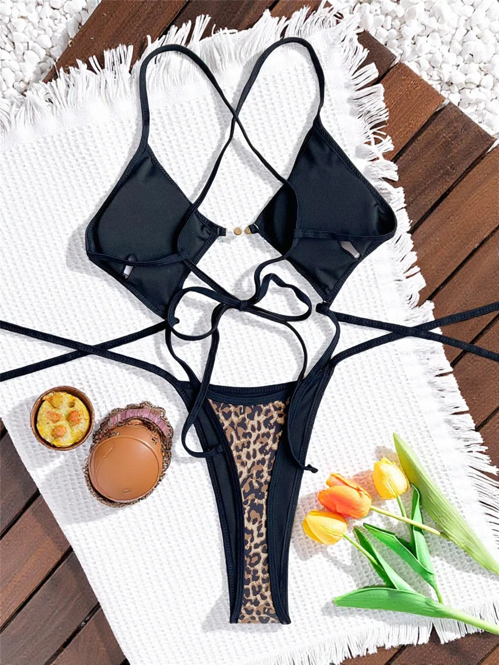 Leopard Print One Piece Swimsuits for Women String Lace-up Triangle Bikini Swimwear 2026 Hollow Out Monokini Bathing Suit Summer