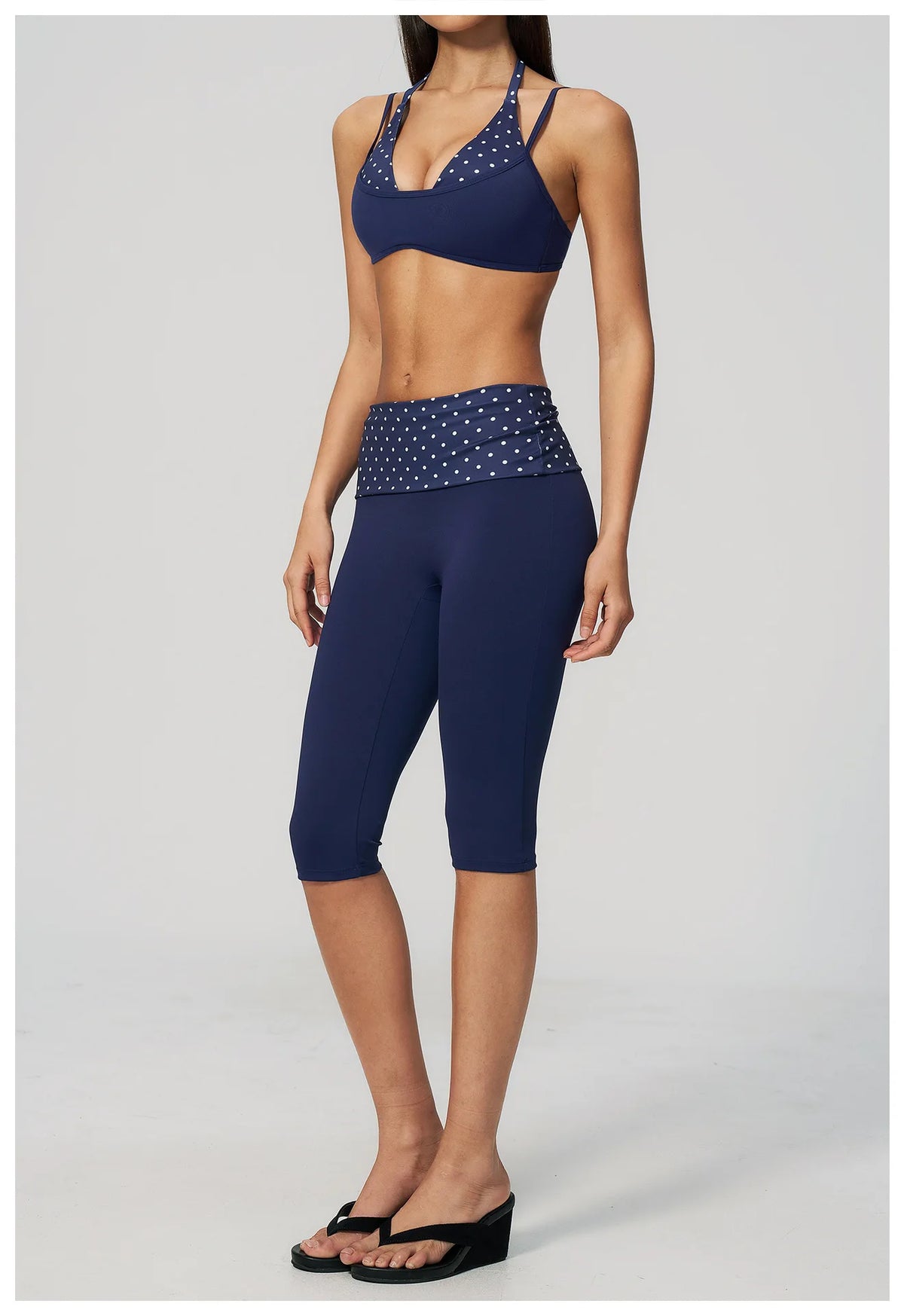 Summer Polka Dot Yoga Sets Women Hanging Neck Shockproof Sports Bra Fitness Suit Folding High Waist Mid Pants Gym Tracksuit