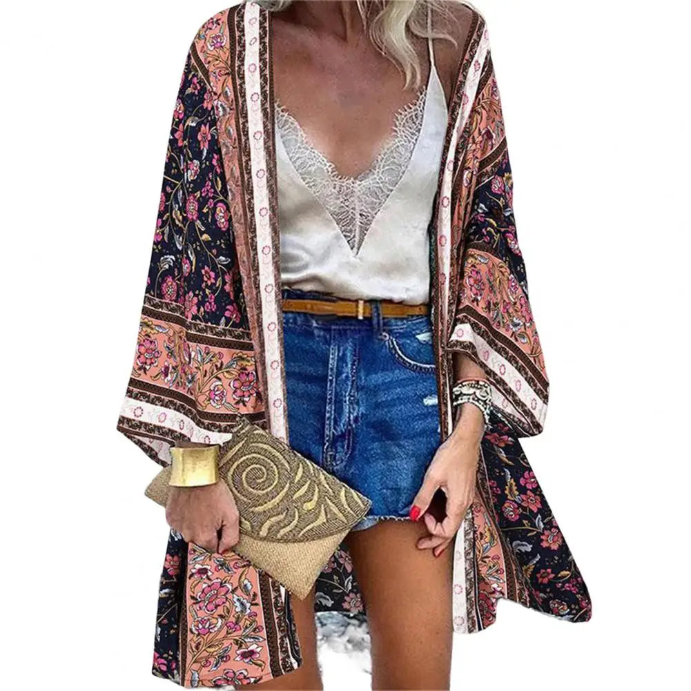 Bohemian Sun Protection Long Blouse Women Cardigan Floral Print Batwing Sleeve Summer Cardigan for Daily Wear