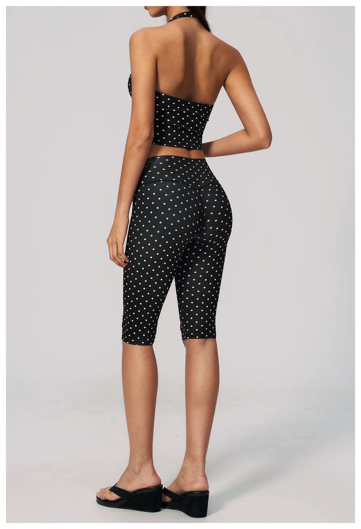 New Summer Women White Polka Dot Print Yoga Sets Hanging Neck Slim Sport Vest High Waist Mid Pants Gym Two-piece Workout Clothes