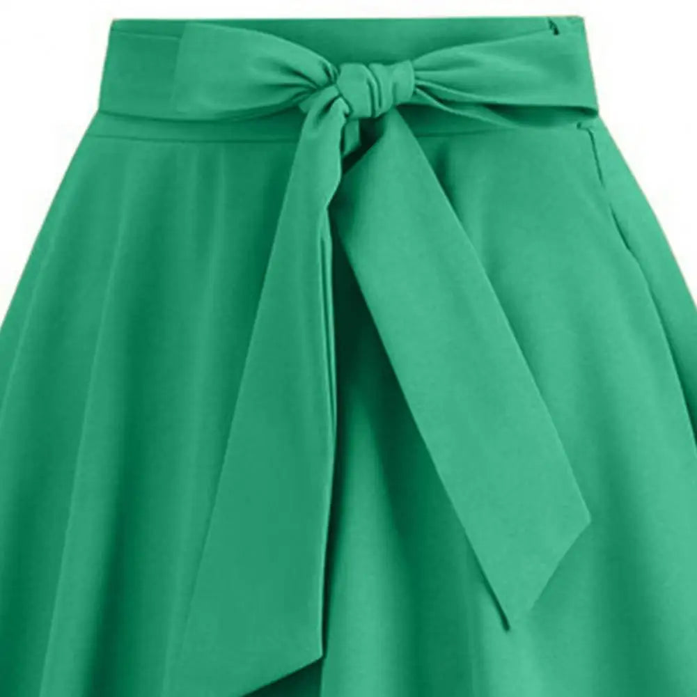 Women Skirt A-line Big Swing Belted Tight Waist Bow Decor Solid Color High Waist Soft Ruffle Summer Dating Party Midi Skirt