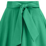 Women Skirt A-line Big Swing Belted Tight Waist Bow Decor Solid Color High Waist Soft Ruffle Summer Dating Party Midi Skirt