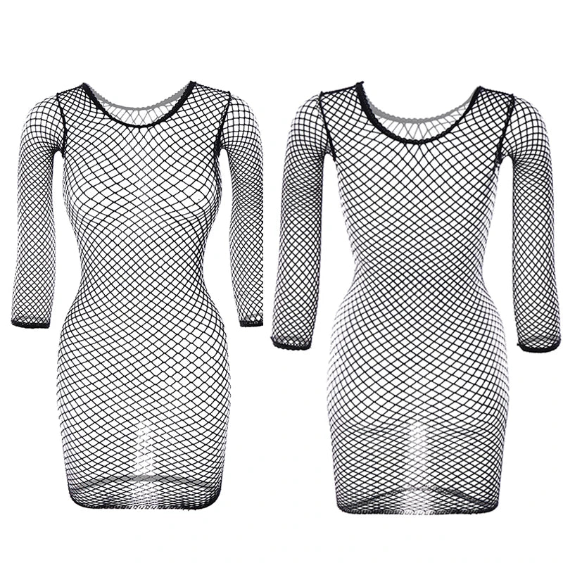 1PC Women Sexy Fishnet Beach Cover Up Long Sleeves Hollow Out Bodycon Dress See Through Summer Swimwear