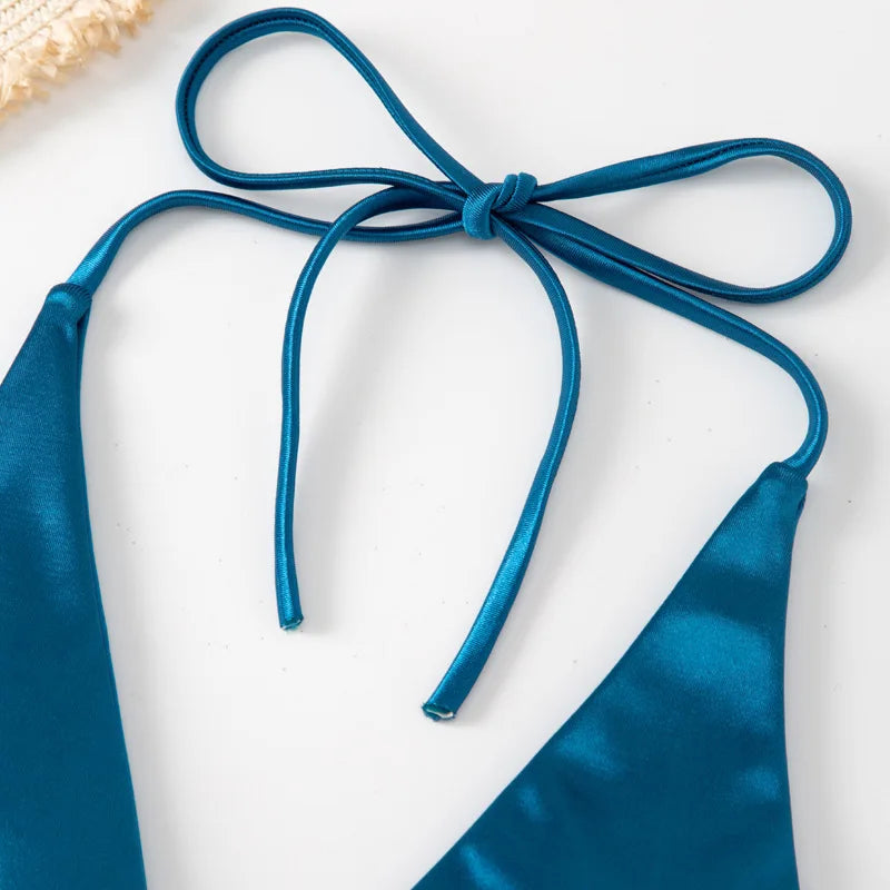 Halter Brazilian Metallic Satin Bikini Women Swimwear Female Swimsuit Two-pieces Bikini Set High Cut Bathing Suit Swim Beachwear