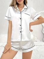 Summer Satin Silk Pajamas Set Womens Short Sleeve Turn-down Collar Button Top & Shorts Sleepwear Loungewear Nightwear