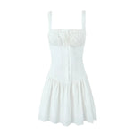 Foridol Bowknot Smocked White Short Dress Women Summer Cotton Mini Sleeveless Tank Sundress Beach Chic Buttons Dress for Petite