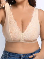 Wire-Free Plus Size Yoga Sports Bra, Wide Strap Front Buckle, Jacquard Lace, Shockproof Support Push Up Bra For Big Bust Women