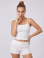 Women 2 Piece Outfits Sleeveless Low Cut Tank Tops Foldover Shorts Sets Summer Daily Casual Fitness Street Solid Color Knit