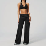 Fake Two-piece Sports Bra Yoga Sets Women Coffee Striped Patchwork Folding High Waist Wide Leg Pants Gym Running Fitness Suits