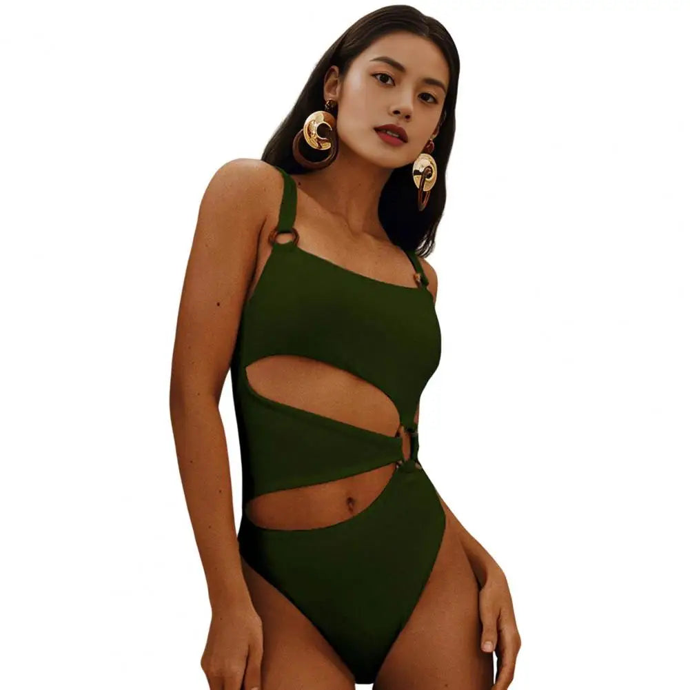 Women One-piece Swimsuit Pure Color Square Neck Women's Bikini With Padded Elegant Hollow Design Ladies Beach Vacation Swimwear