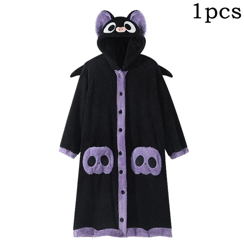 Cartoon Bat Plush Women's Pajamas Robes Anime Nightgown Winter Kawaii Animal Night Dress Halloween Party Vampire Cosplay Costume