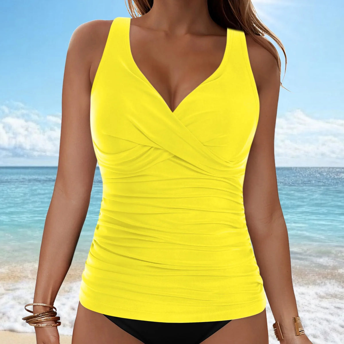 Women's Removable Padded Tankini Top V Neck Waist Defining Ruffled Separate Swimsuit Top Ruched Support Bathing Suit Swim Top