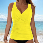 Women's Removable Padded Tankini Top V Neck Waist Defining Ruffled Separate Swimsuit Top Ruched Support Bathing Suit Swim Top