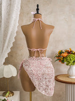 Vintage Pink Mesh Skirt 3 Piece Bikini Set Women Stone Strap Push Up Bra Triangle Swimsuit Holiday Bathing Suit Swimwear 2026