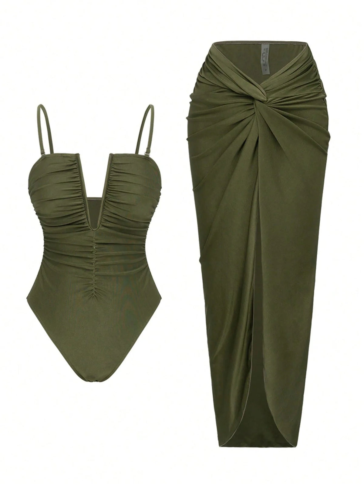 Vintage Green V Neck Pleate One Piece Swimsuit Long Skirt Sets 2026 Women Holiday Tummy Control Bathing Suit Swimwear Monokini