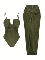 Vintage Green V Neck Pleate One Piece Swimsuit Long Skirt Sets 2026 Women Holiday Tummy Control Bathing Suit Swimwear Monokini