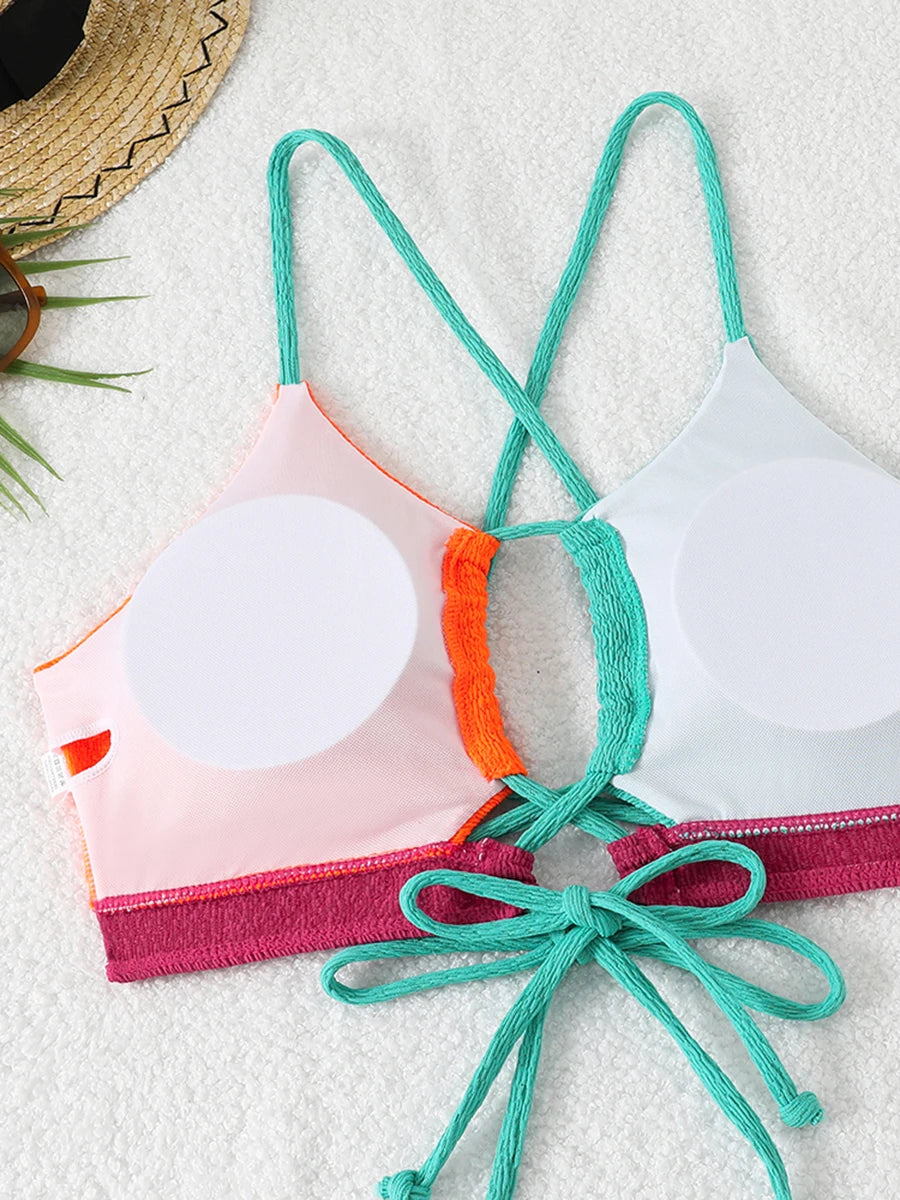 2026 Drawstring Triangle Bikini Women Sexy Color Block Swimwear Female Strappy Swimsuit Bathers Bathing Swimming Swim Suit