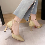 ZOKI Bling Gold Silver Women's Pumps 2024 Sexy Point Toe Thin Heel Party Wedding Shoes Woman Summer Ankle Strap High Heels Shoes