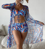 New Women's 3 Pieces Swimsuit Allover Print Tankini+Long Gauze Coat Cover-Up Swimwear High Waist Shorts Bathing Suit Beachwear
