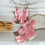 Summer Ice Silk Stain Comfortable Pajamas Set for Women 2pcs V Neck Leopard Print Tops and Long Pants Loungewear Sleepwear