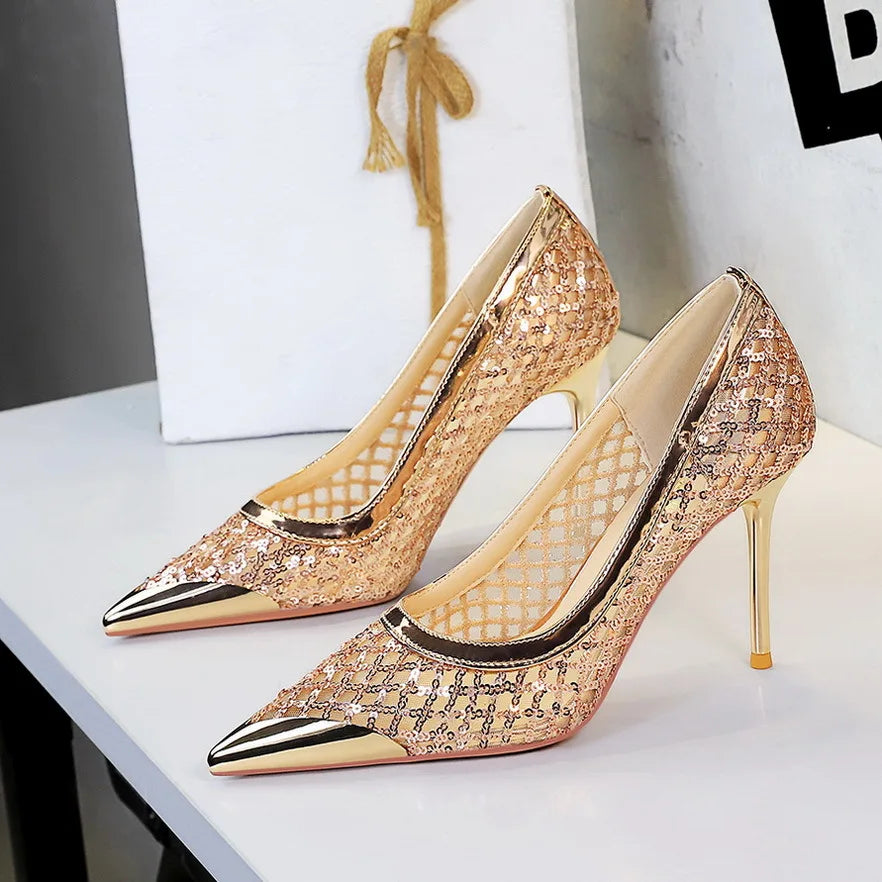 BIGTREE 2026 Fashion Metal Decoration Mesh Hollow Pointed Toe Woman Pumps Thin Heels Party Ladies Shoes Zapatillas De Mujer