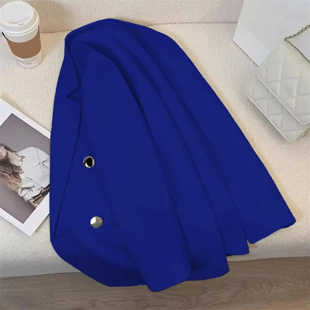 Women Suit Coat Lapel Long Sleeve Double Placket Suit Jacket with Pockets Solid Color Loose Fit Mid-length Business Outerwear