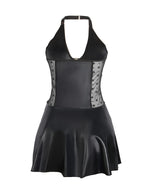 Baby Doll Black PU Leather Lace Sexy Halter Dress With Garter Belts Daring Lingerie for Women Plus Size Club Wear Ladies Dresses