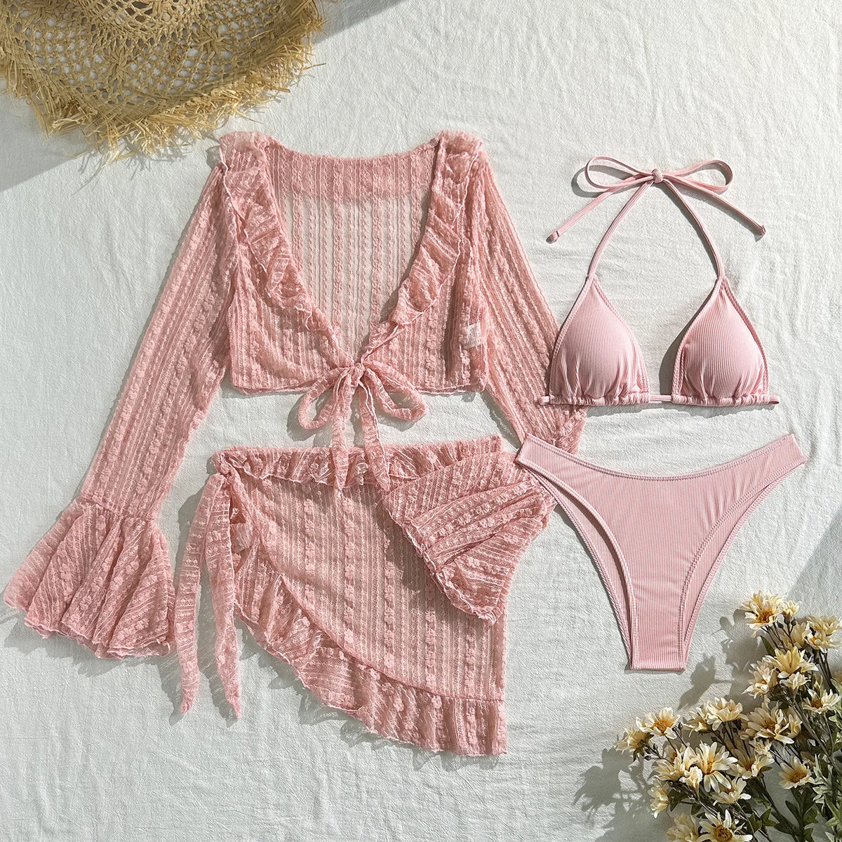 Sexy 4 Pieces Bikinis Sets Women Mesh Long Sleeve Cover Up Beach Skirt Swimwear Holiday Beach Bathing Suit Patchwork Swimsuit