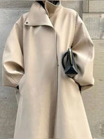 Women's Elegant Faux Suede Long Jacket Stand Collar Bat Sleeve Solid Overcoat Outwears 2025 Autumn Winter Female Streetwears