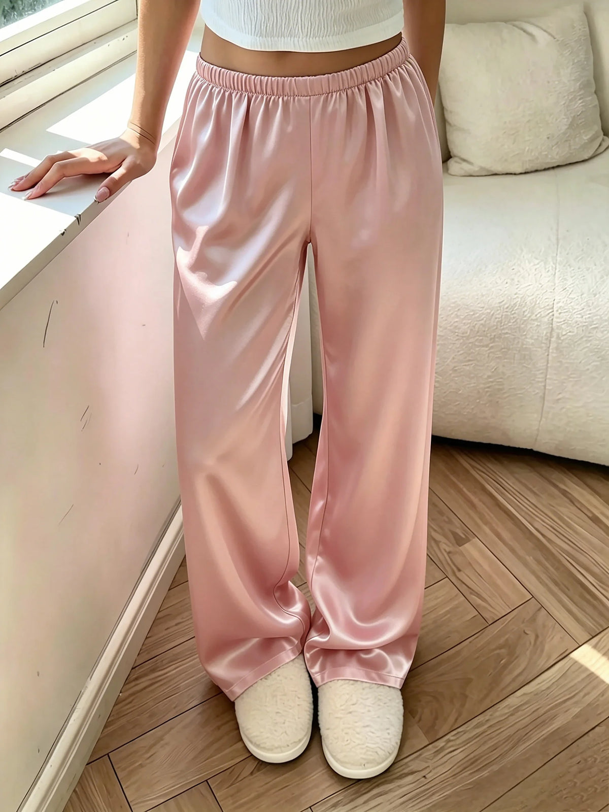 Women Fashion Pajama Pants Elastic Waist Loose TrousersSolid Casual Home Loungewear Sleep Bottoms