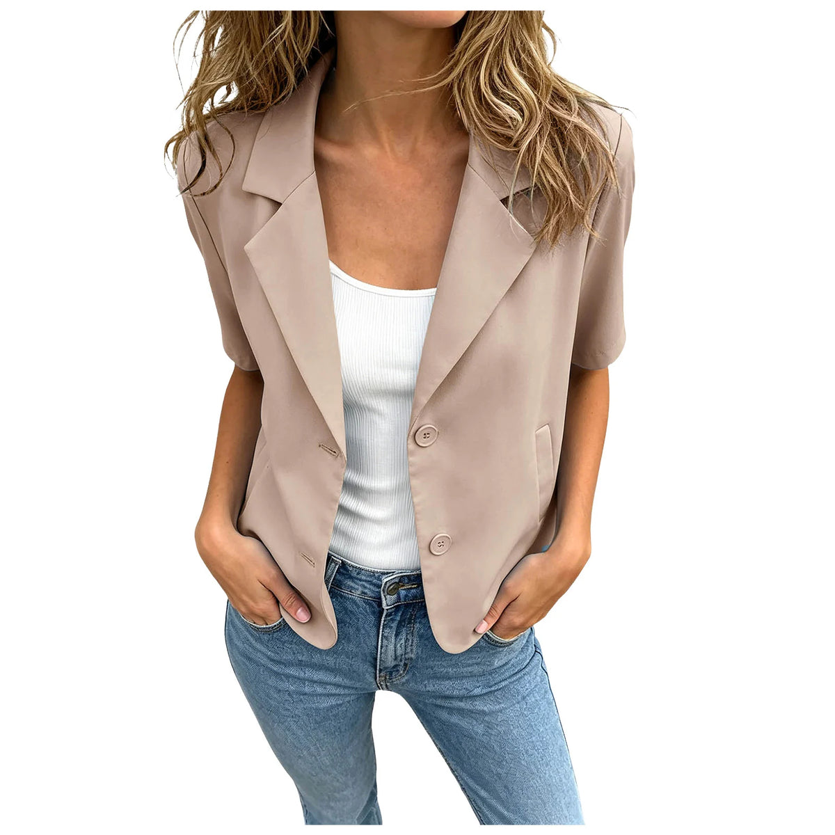 Women Cropped Short Sleeve Blazer Jacket Lapel Collar Buttons Loose Solid Suit Coat Summer Casual Office Outerwear With Pocket